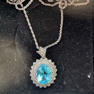 Vintage Blue Aquamarine Marcasite Necklace